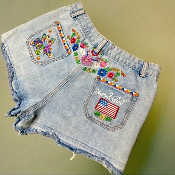EUC Spell & The Gypsy Light Blue Wanderlust Embroidered Denim Shorts w/ Raw Hem - Picture 6 of 12